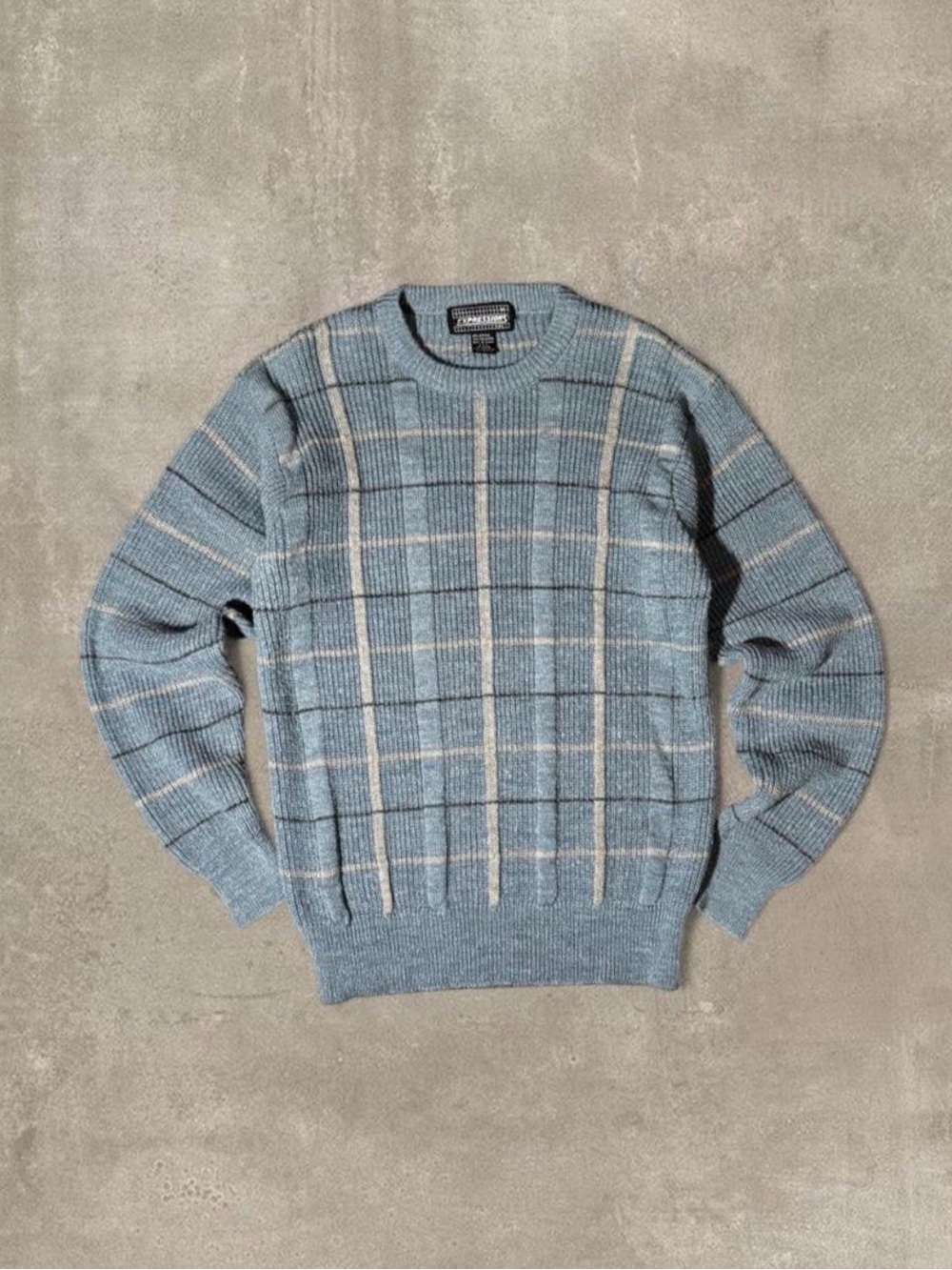 Blue and beige plaid acrylic & polyester sweater